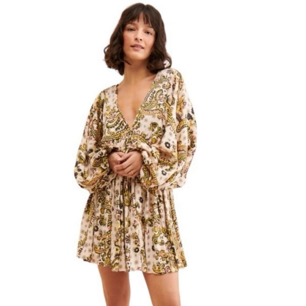 Free People Arzel Mini Dress in Tea Combo Oversized Flowy Small